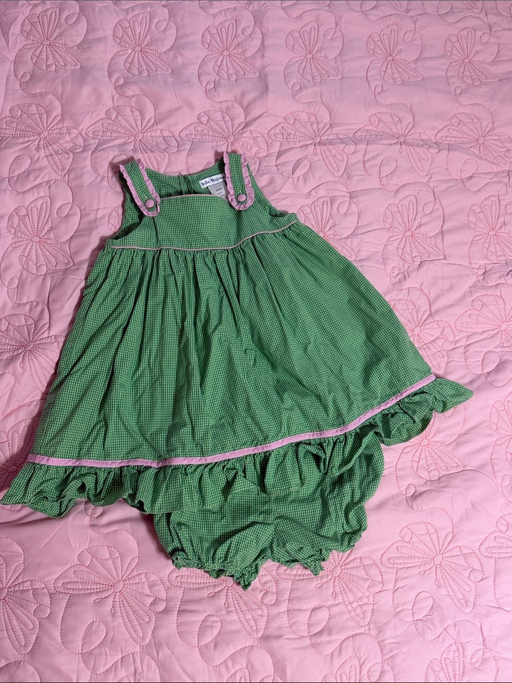 Bebe Mignon Green and Pink Gingham Dress with Ruffle Strap